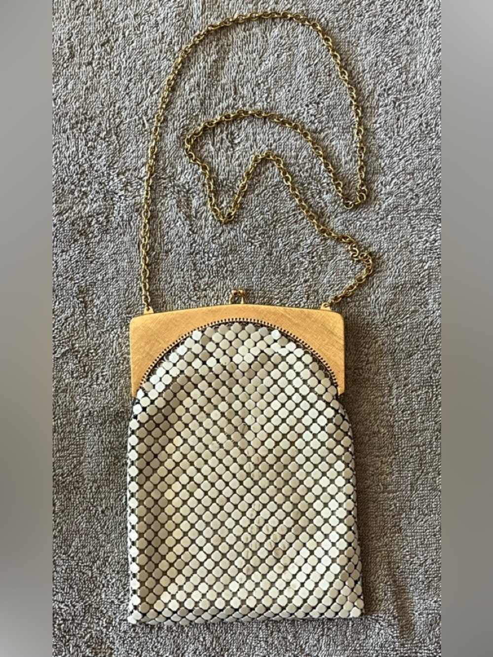 Vintage Gold Frame White Metal Mesh Evening Bag with Gold Chain. Whiting & Davis
